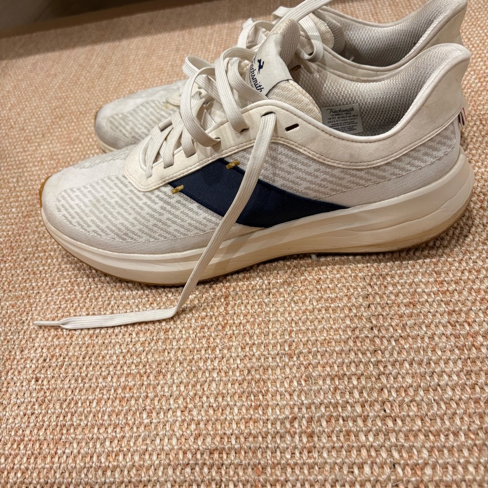 Tracksmith Cream and Navy Eliot Runner